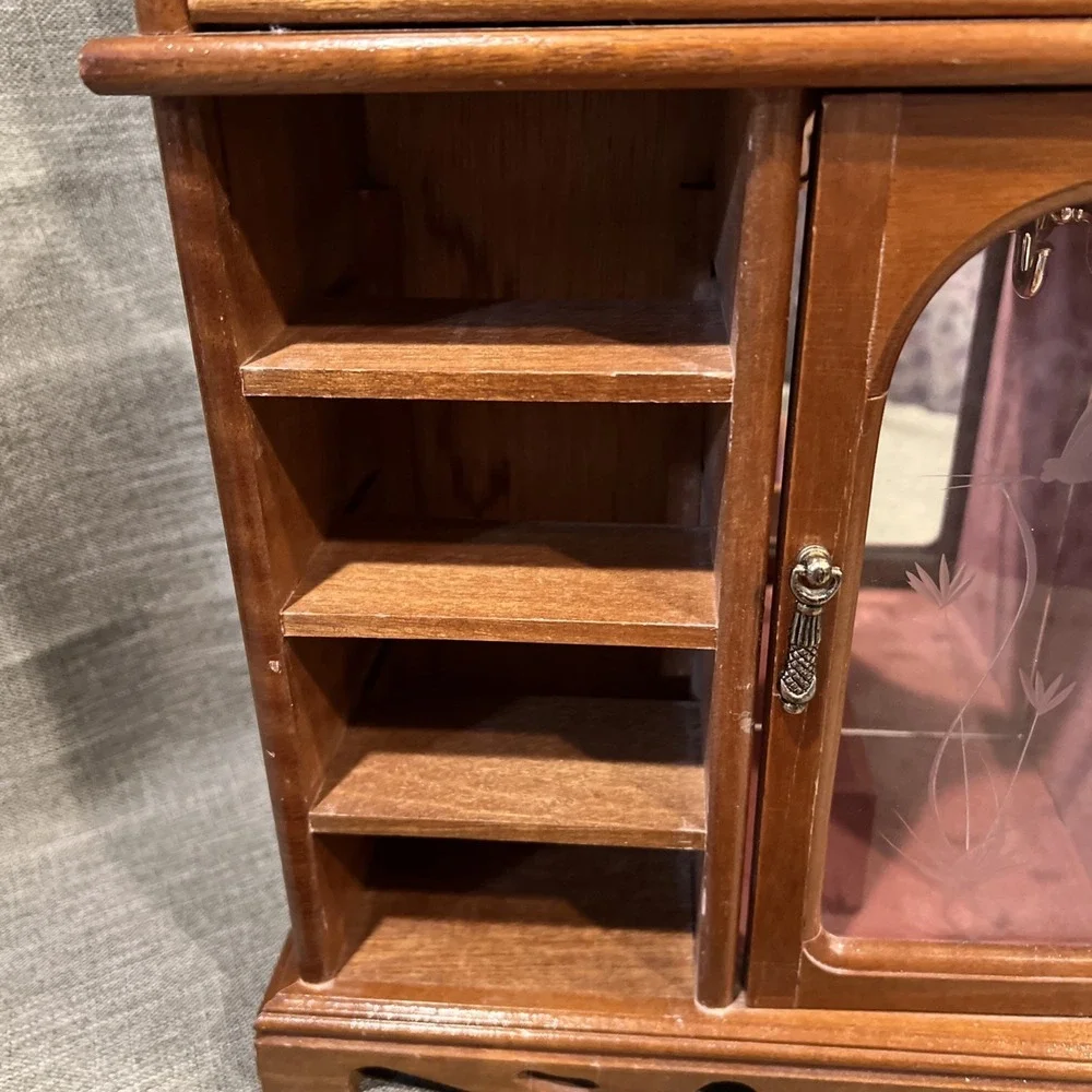 Vtg 1987 Wooden Jewelry Box Cabinet‎ 4 Drawers Etched Glass  Lift Top Organizer
